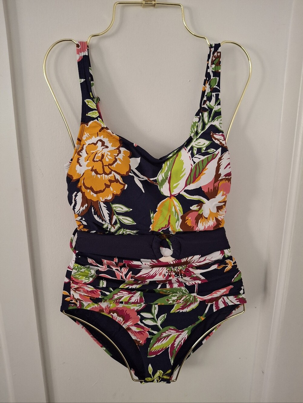 Anne Klein Navy Floral One-Piece Swimsuit with Belt Detail